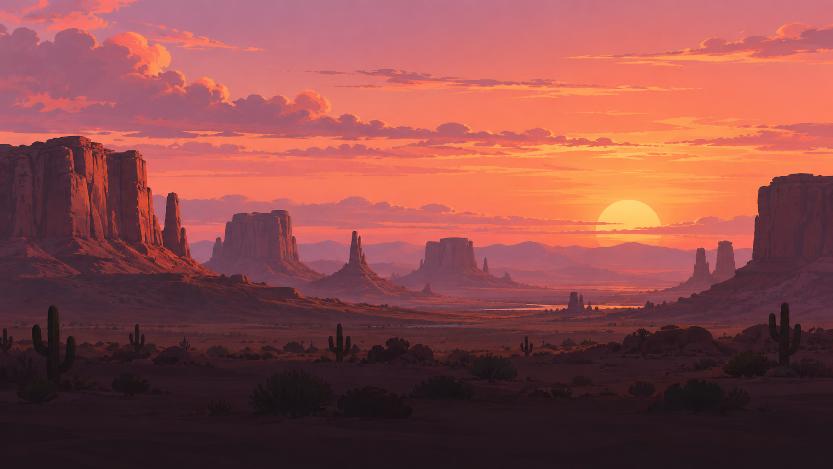 Orange sunset over desert mesas and cacti