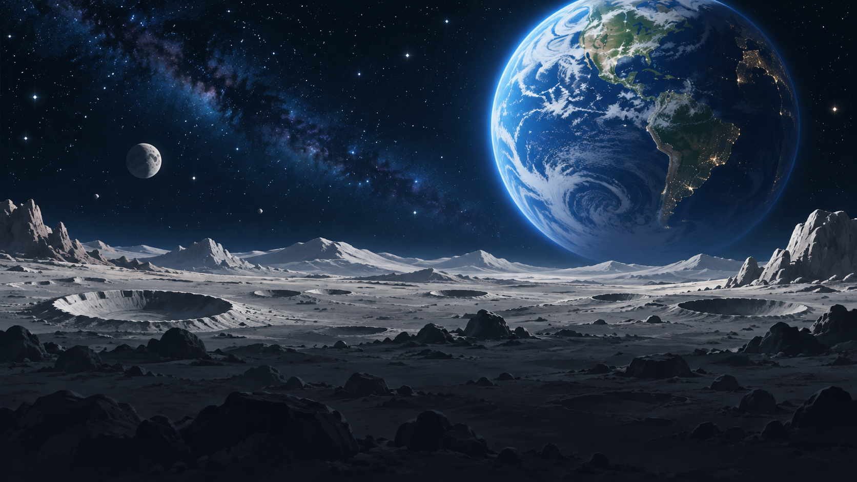 Lunar landscape beneath a starry sky